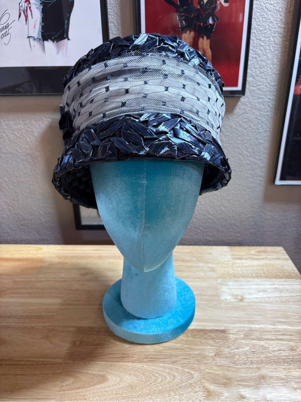 Vintage Woven Bucket Hat in Navy and Light Gray - Women Accessories